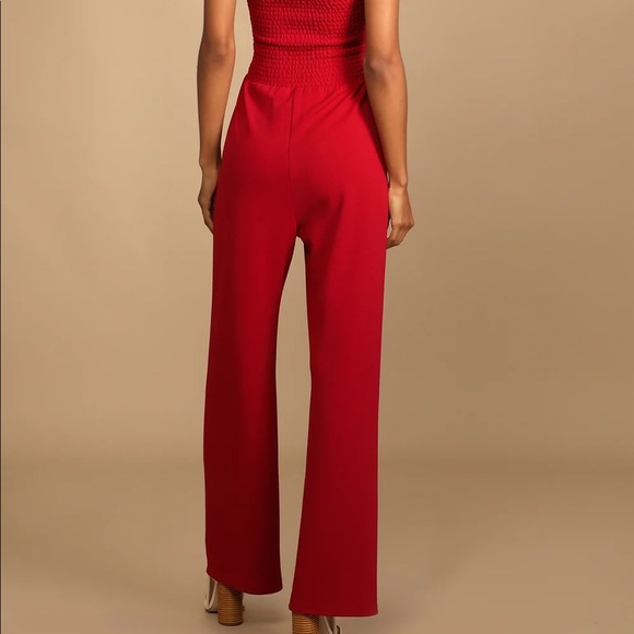 Bow Up Brick Red Smocked Strapless Wide-Leg Jumpsuit - Picture 4 of 9